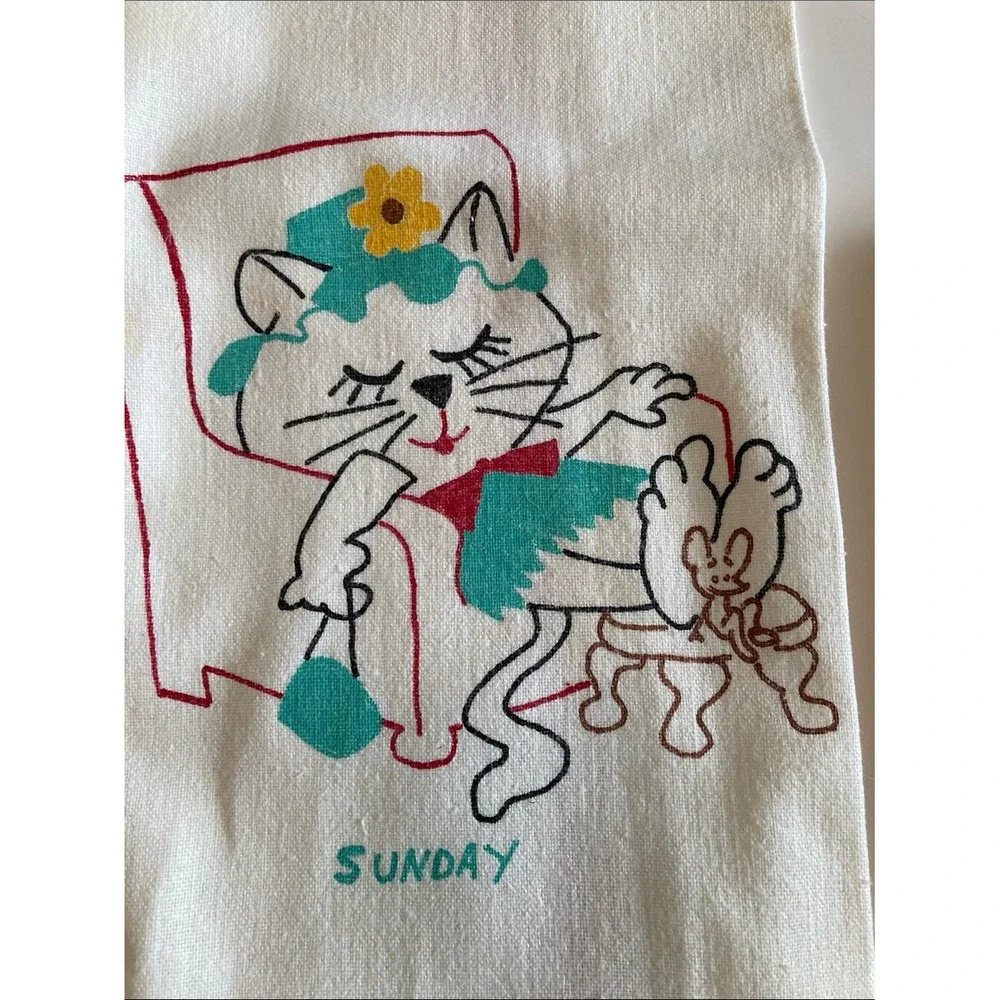 Vintage Kitty‎ Days of the Week Printed Tea Towels Set of 3 White Cotton 16x25